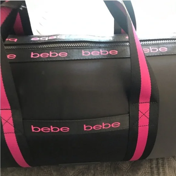 BEBE Sport Hot Pink & Black Satin Large Duffle Weekender Gym Bag Shoulder Strap - Picture 4 of 7
